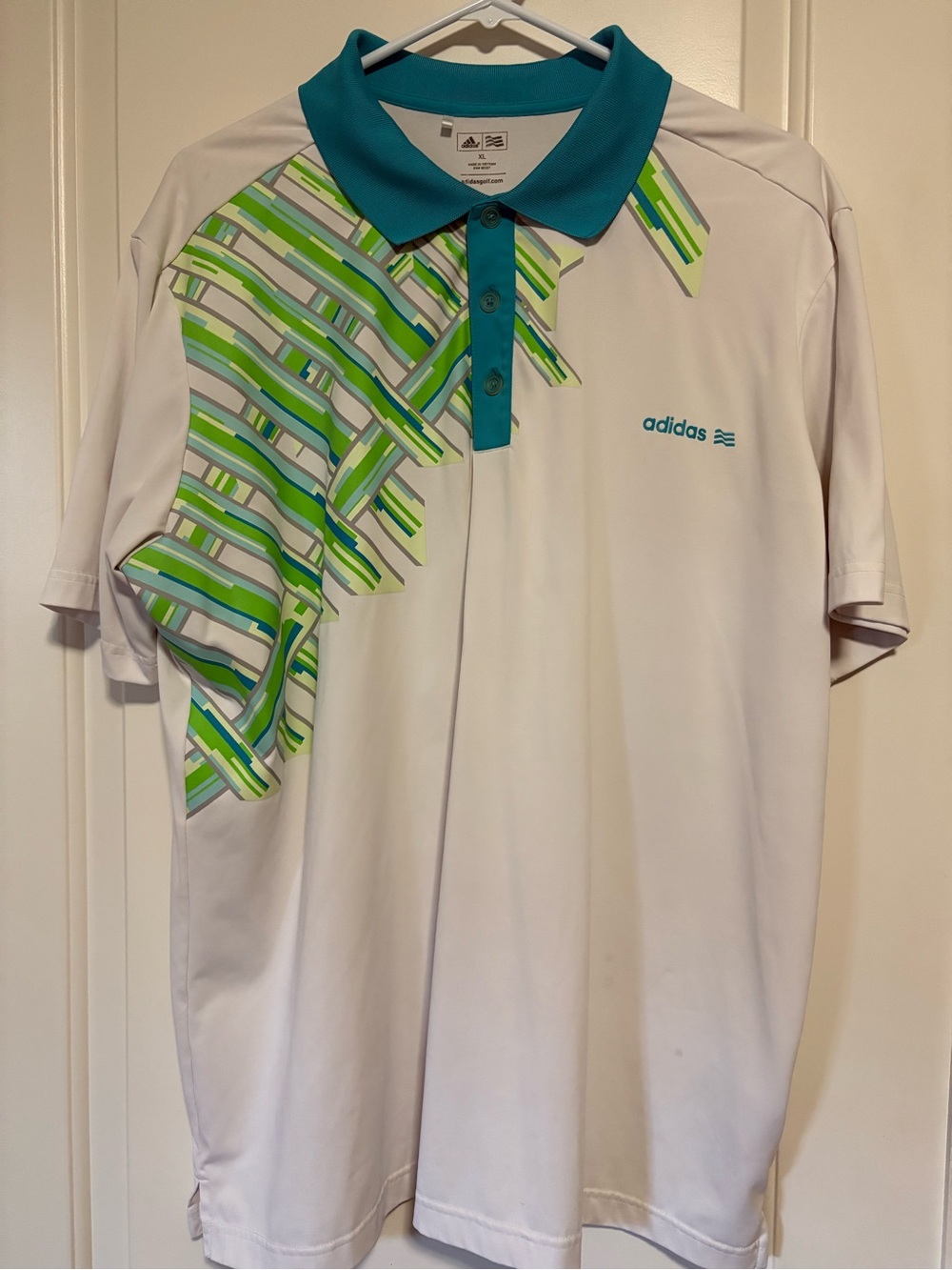 ⛳️⛳️⛳️Adidas Men’s XXL White Polo Shirt with Teal & Lime Graphic